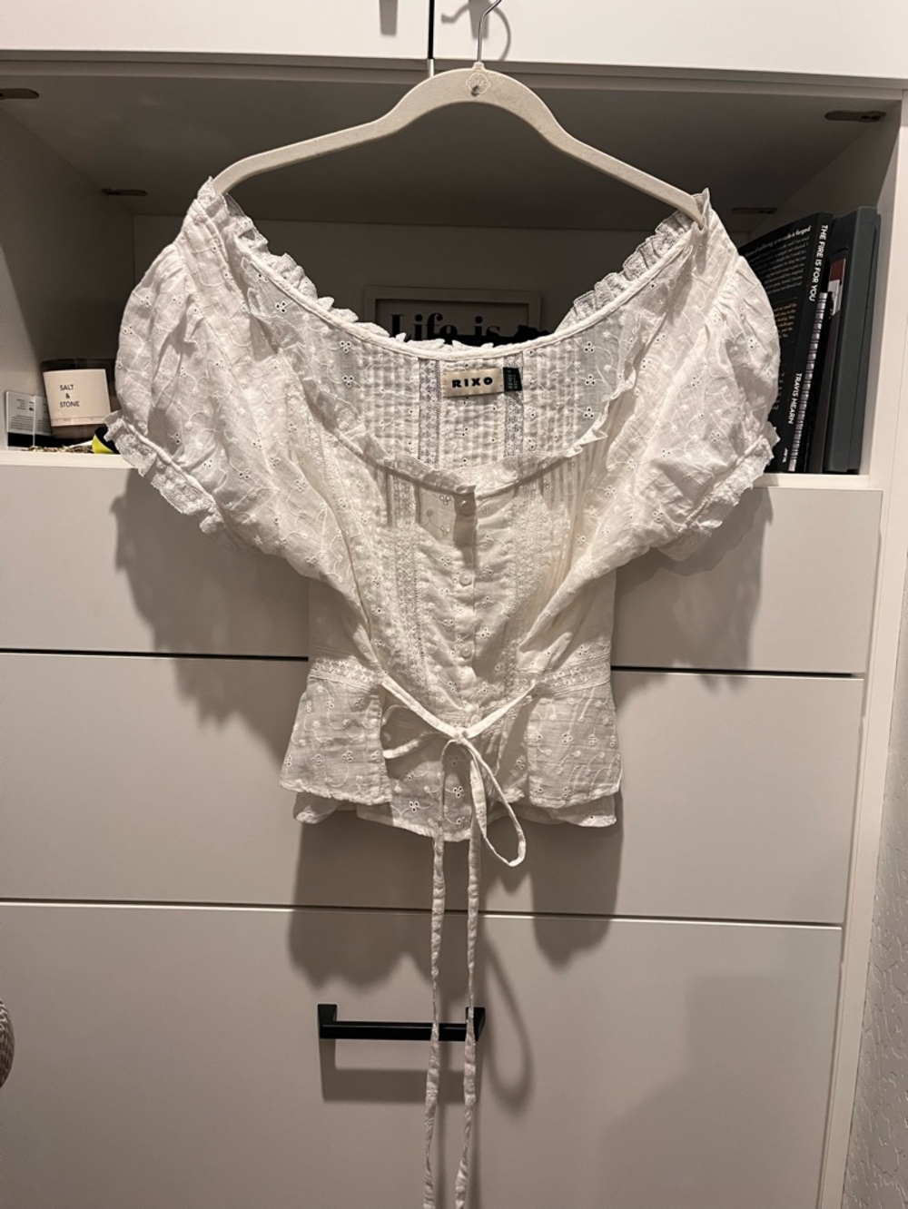 RIXO White Eyelet, Puff Sleeve Blouse with tie